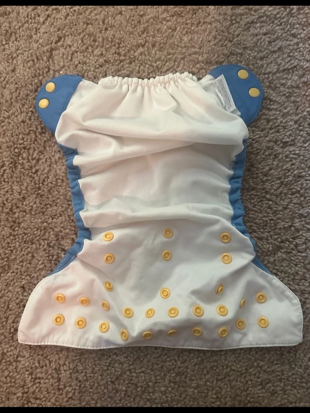 BumGenius White Diaper Cover with Blue Trim and Yellow Snaps